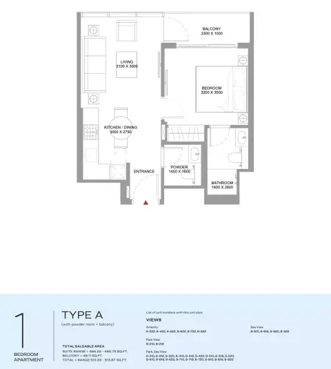 Plattegrond van 1 slaapkamer in Yachtside Marina Residences