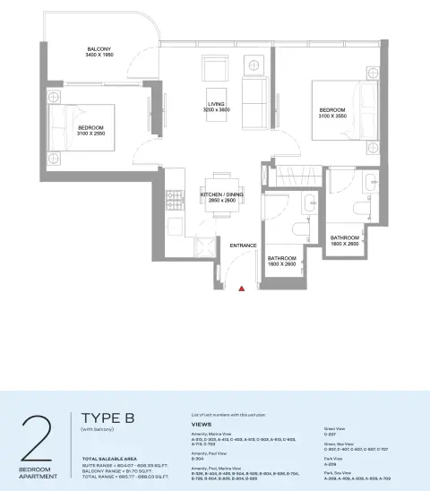 Plattegrond van 2 slaapkamers in Yachtside Marina Residences