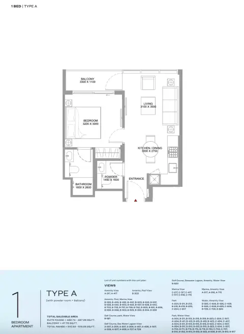 Plattegrond van 1 slaapkamer in Bayfront Marina Residences