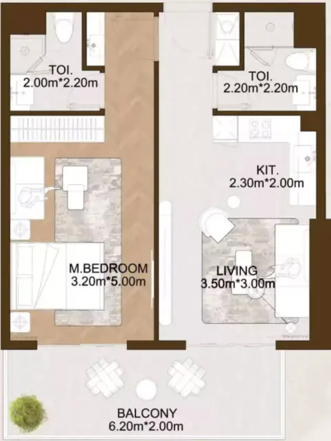 Plattegrond van 1 slaapkamer in Sports View Residence Phase 2 by Al Helal Al Zahaby
