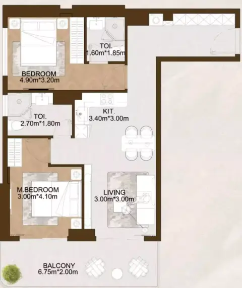 Plattegrond van 2 slaapkamers in Sports View Residence Phase 2 by Al Helal Al Zahaby