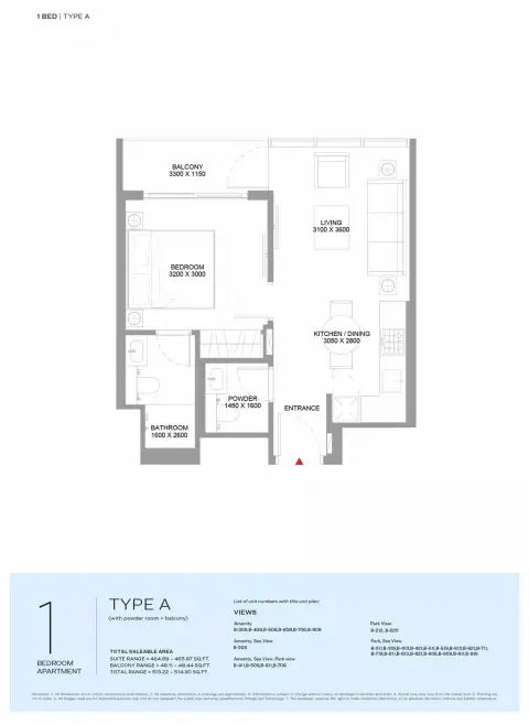 Plattegrond van 1 slaapkamer in Pierside Marina Residences