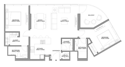 Plattegrond van 2 slaapkamers in Sobha Coraline Beach Residences