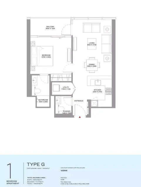 Plattegrond van 1 slaapkamer in Capeside Marina Residences