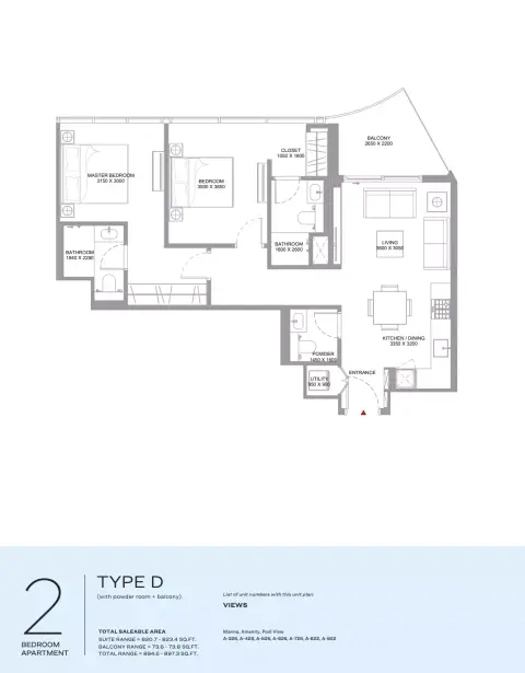 Plattegrond van 2 slaapkamers in Capeside Marina Residences