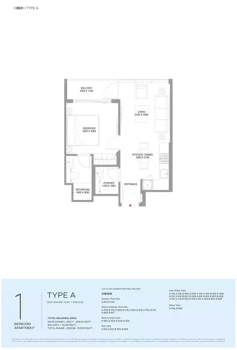 Plattegrond van 1 slaapkamer in Pearlside Marina Residences