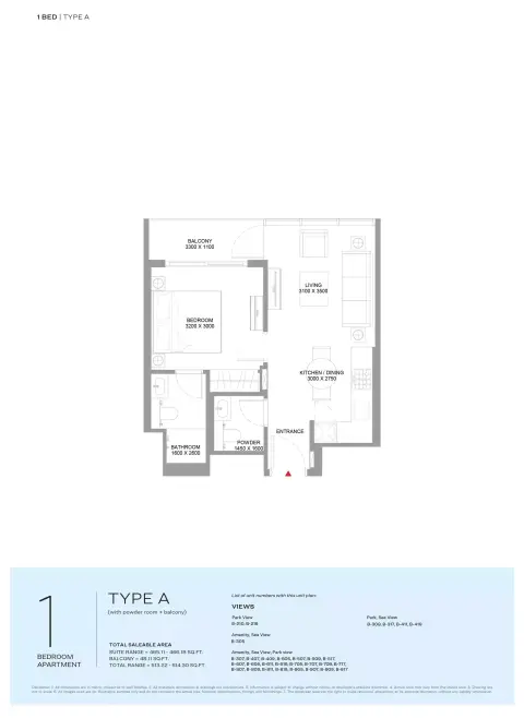 Plattegrond van 1 slaapkamer in Bayside Marina Residences