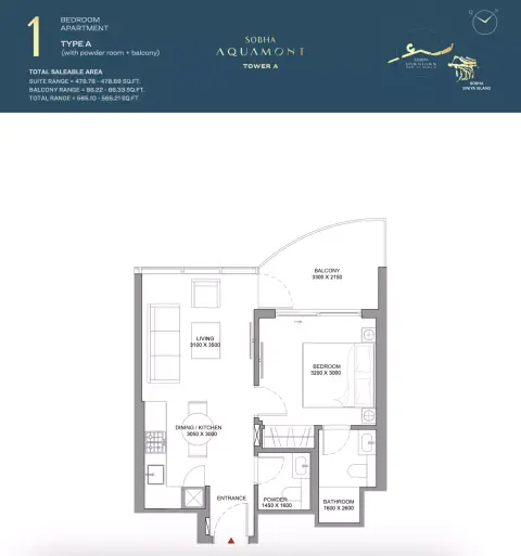 Plattegrond van 1 slaapkamer in Sobha Aquamont