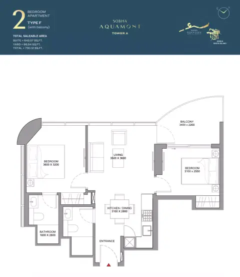 Plattegrond van 2 slaapkamers in Sobha Aquamont