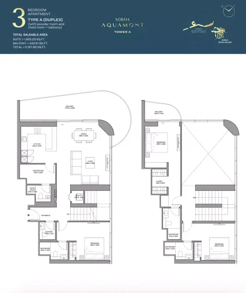 Plattegrond van 3 slaapkamers in Sobha Aquamont