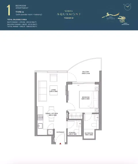 Plattegrond van 1 slaapkamer in Sobha Aquamont