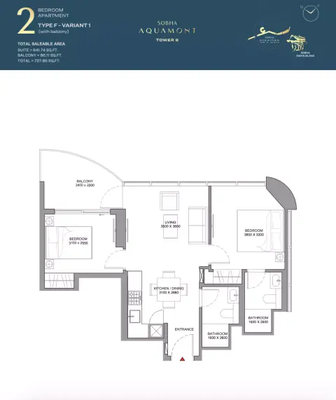 Plattegrond van 2 slaapkamers in Sobha Aquamont