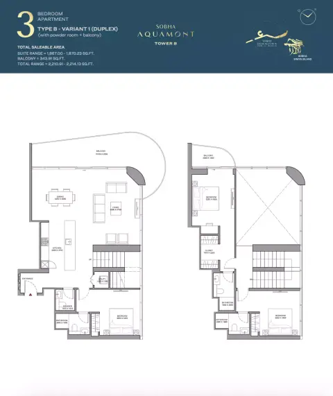 Plattegrond van 3 slaapkamers in Sobha Aquamont