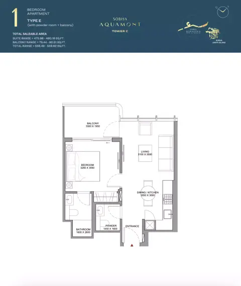 Plattegrond van 1 slaapkamer in Sobha Aquamont