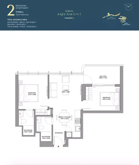 Plattegrond van 2 slaapkamers in Sobha Aquamont