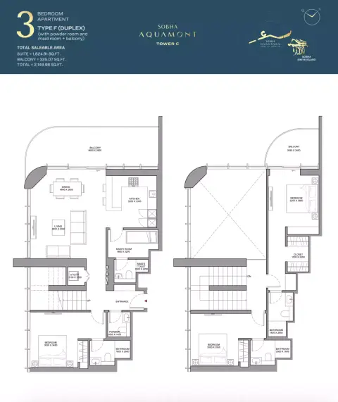 Plattegrond van 3 slaapkamers in Sobha Aquamont