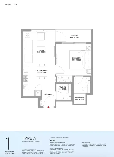 Plattegrond van 1 slaapkamer in Pristine Beach Residences