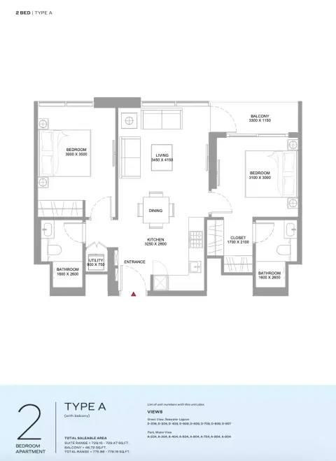Plattegrond van 2 slaapkamers in Pristine Beach Residences