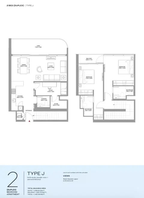 Plattegrond van 2 slaapkamers in Pristine Beach Residences