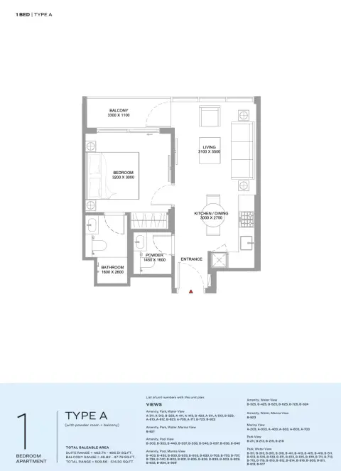 Plattegrond van 1 slaapkamer in Canalside Marina Residences