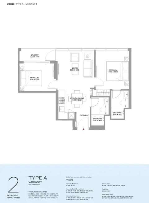 Plattegrond van 2 slaapkamers in Canalside Marina Residences