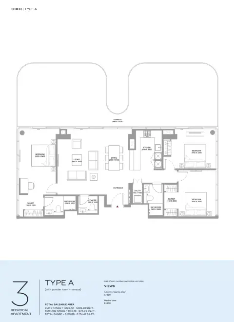 Plattegrond van 3 slaapkamers in Canalside Marina Residences