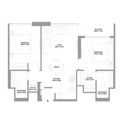 Plattegrond van 2 slaapkamers in Starline Beach Residences