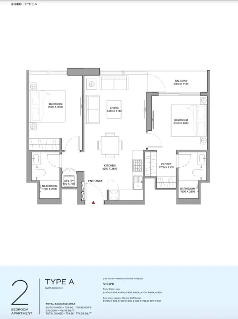Plattegrond van 2 slaapkamers in Florine Beach Residences