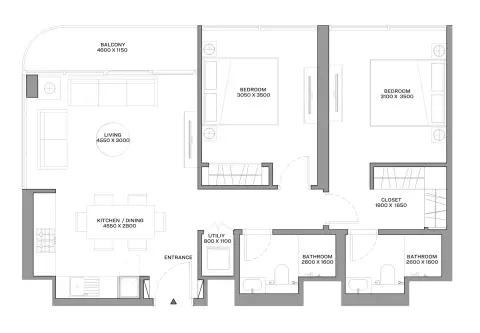 Plattegrond van 2 slaapkamers in Aquamarine Beach Residences
