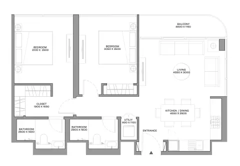 Plattegrond van 2 slaapkamers in Aquamarine Beach Residences