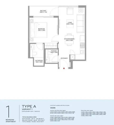 Plattegrond van 1 slaapkamer in Coastline Beach Residences