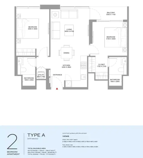 Plattegrond van 2 slaapkamers in Coastline Beach Residences