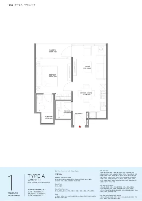 Plattegrond van 1 slaapkamer in Delphine Beach Residences