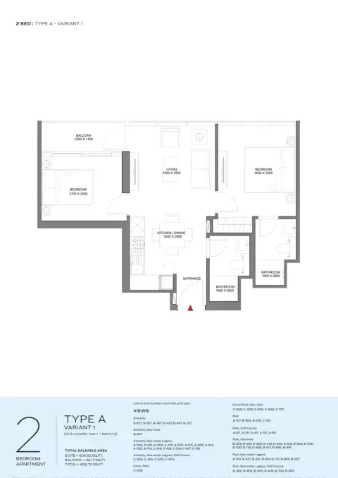 Plattegrond van 2 slaapkamers in Delphine Beach Residences