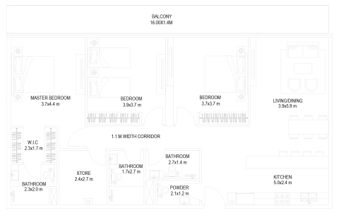 Plattegrond van 3 slaapkamers in Delphine Beach Residences