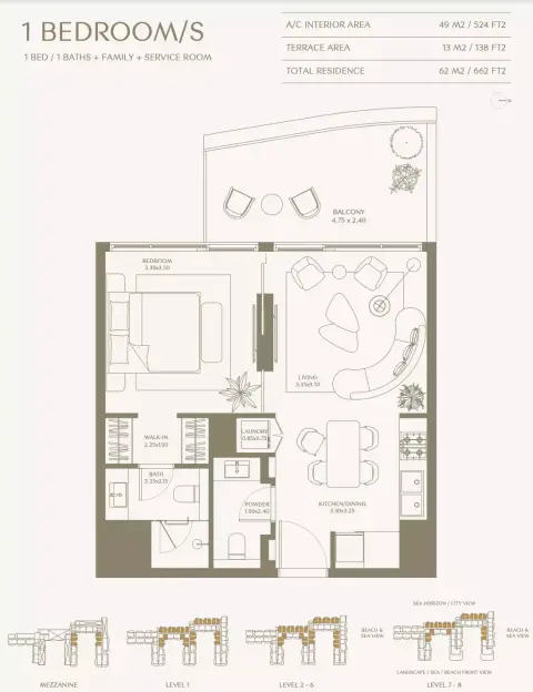 Plattegrond van 1 slaapkamer in Aya Beachfront Residences