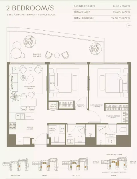 Plattegrond van 2 slaapkamers in Aya Beachfront Residences