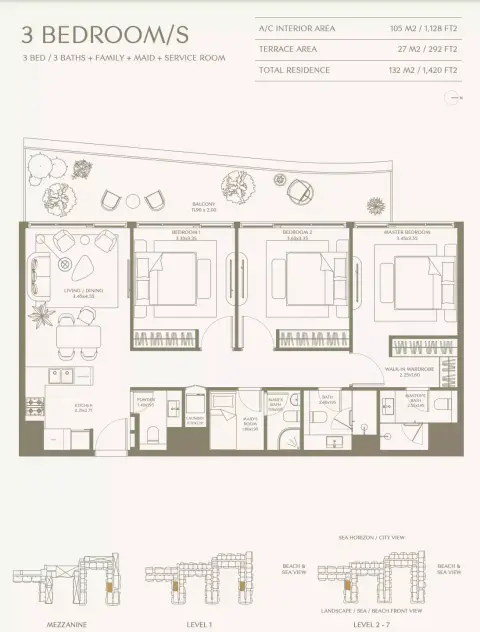 Plattegrond van 3 slaapkamers in Aya Beachfront Residences