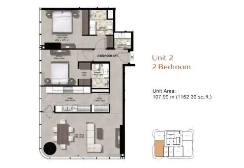 Plattegrond van 2 slaapkamers in Azha Millennium Residences