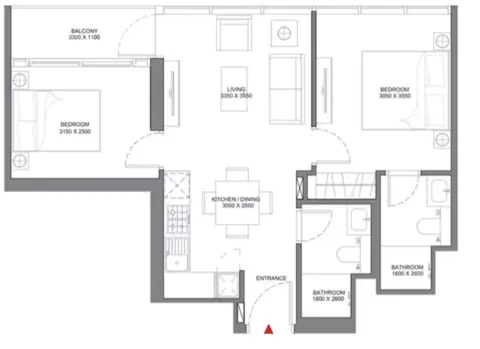 Plattegrond van 2 slaapkamers in Selene Beach Residences