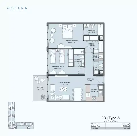 Plattegrond van 2 slaapkamers in Oceana