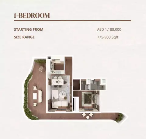Plattegrond van 1 slaapkamer in Barari Gate