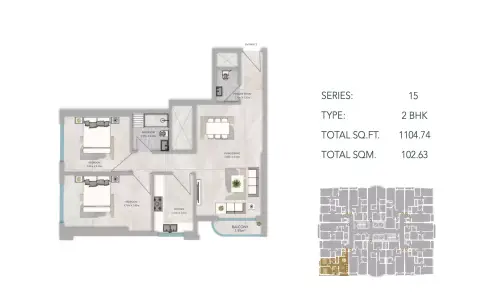 Plattegrond van 2 slaapkamers in Azha Views Residences