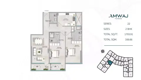 Plattegrond van 2 slaapkamers in Amwaj Tower