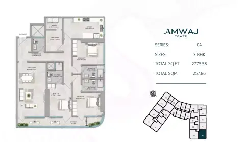 Plattegrond van 3 slaapkamers in Amwaj Tower