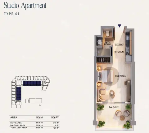 Plattegrond van Studio in Binghatti Starfall