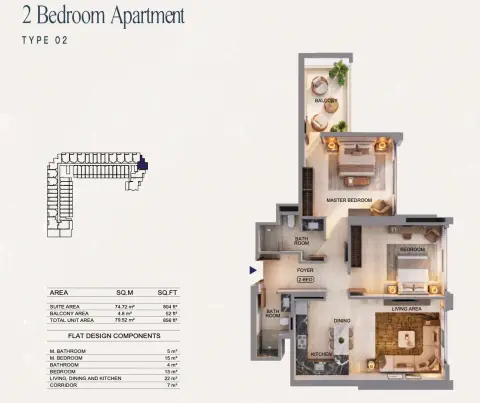 Plattegrond van 2 slaapkamers in Binghatti Starfall