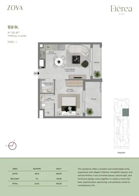Plattegrond van 1 slaapkamer in Etérea