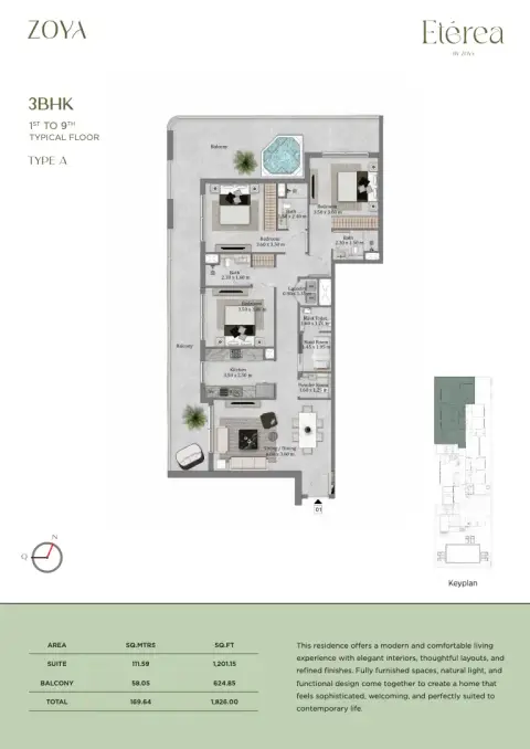 Plattegrond van 3 slaapkamers in Etérea