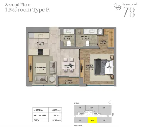 Plattegrond van 1 slaapkamer in Elemental 78